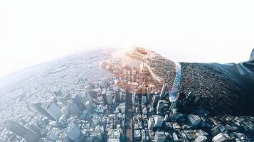 Double exposure of business man's hand with cityscape and sun photo