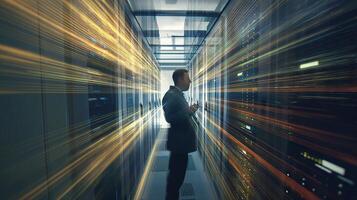 A man in a suit is standing in a data center photo