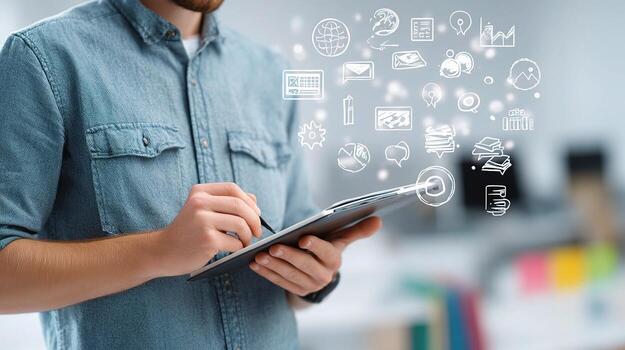 Man using tablet with social icons photo