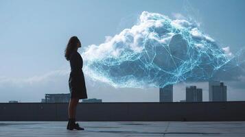 A woman standing on a rooftop looking at a cloud photo