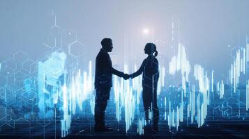 Two people shaking hands in front of a digital background photo
