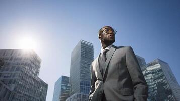A man in a suit and tie standing in front of a city photo