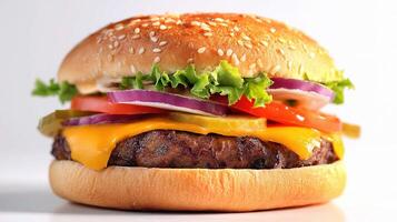 A hamburger with cheese, onions, and tomatoes photo