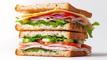 A sandwich with meat, cheese and vegetables photo