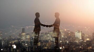 Businessmen handshake over city skyline with network connection photo