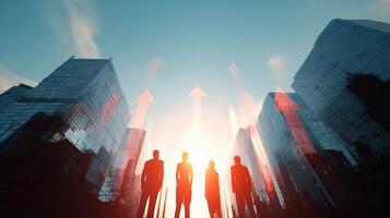 Business people standing in front of a city skyline with arrows photo