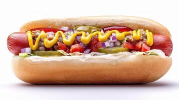 A hot dog with toppings on a white surface photo