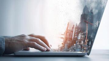 A person typing on a laptop with a city skyline on it photo