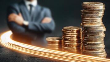Businessman with stacks of coins and a trail of light photo