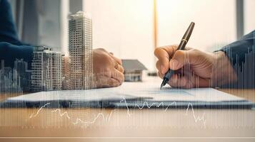 Businessman signing a contract with a cityscape photo