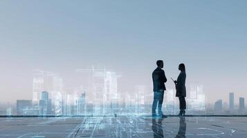 Business people standing on a rooftop with futuristic cityscape photo