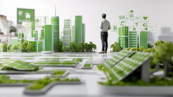 A man standing in front of a green city with green buildings photo