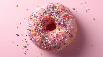 A pink doughnut with sprinkles on a pink background photo