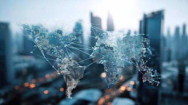 The world map is connected to the internet and the cityscape photo