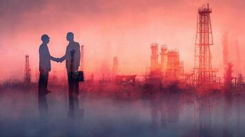 Two men shaking hands in front of an oil refinery photo