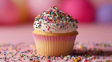 A cupcake with white frosting and sprinkles photo