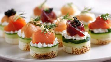 A plate of appetizers with salmon, cucumber and dill photo