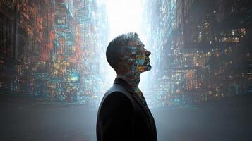 A man in a suit stands in front of a city photo