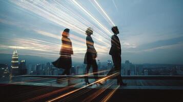 Three business people walking in front of a city skyline photo