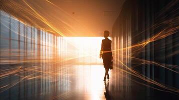 Silhouette of businesswoman walking in a corridor with light trails photo