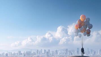 A man standing on top of a hill with balloons photo