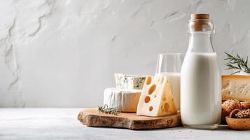 A bottle of milk, cheese, and other dairy products photo