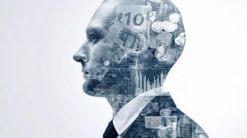 A man with a suit and tie is shown with money and currency photo