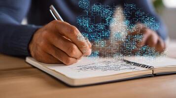 Man writing on notebook with digital cubes photo