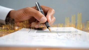 Businessman writing on paper with cityscape in background photo