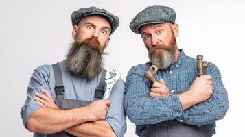 Two men with beards and hats holding wrens photo