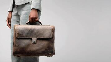 A woman in a suit holding a brown briefcase photo