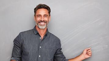 A man with a beard and shirt is standing in front of a chalkboard photo