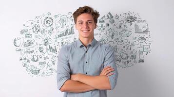 A young man is standing in front of a wall with doodles on it photo