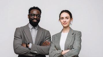 Two business people standing together against a gray background photo