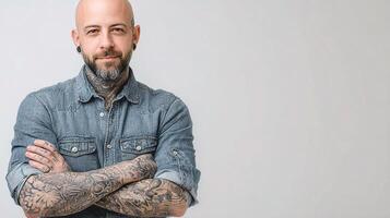A bald man with tattoos standing with his arms crossed photo