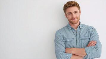 A man with a beard and a blue shirt is standing in front of a white wall photo