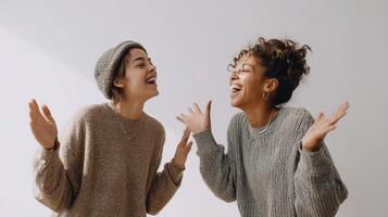 Two women laughing and smiling in front of a white background photo