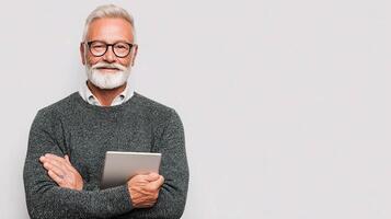 An older man with glasses and a beard holding a tablet photo