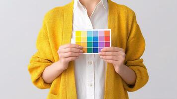 A woman holding a color swatch card photo