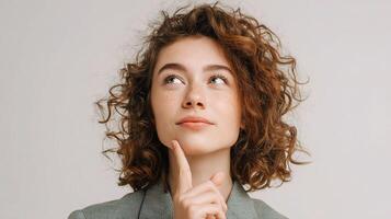 A woman with curly hair looking up photo