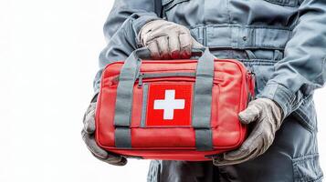A person in a blue uniform holding an emergency kit photo