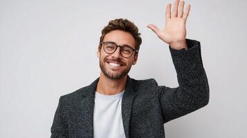 A man in glasses waving his hand up photo
