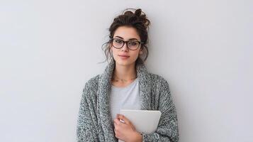 A woman in glasses holding a tablet photo