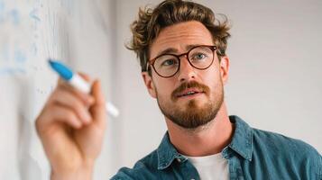 A man with glasses writing on a whiteboard photo