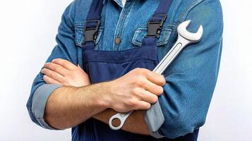 A man in overalls holding a wrench photo