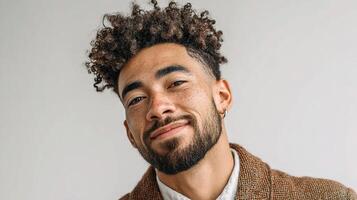 A man with curly hair and beard smiling photo