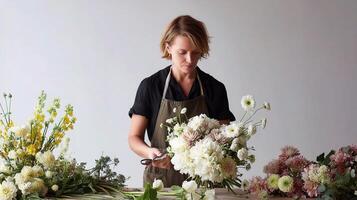 A woman is cutting flowers on a table photo