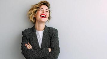 A woman with a red smile and a gray background photo