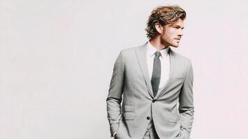 A man in a suit and tie standing against a white wall photo