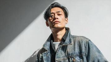 A man wearing a denim jacket and jeans photo